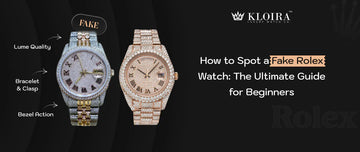 How to Spot a Fake Rolex Watch banner comparing real vs fake iced-out models with lume, bracelet, bezel.