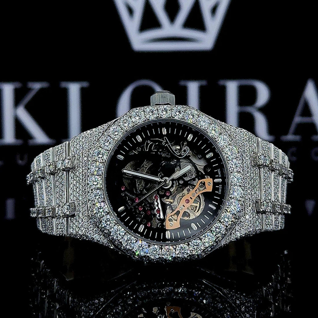 AP Skeleton Black Dial Full Iced Out Lab Grown Diamond Watch Front View