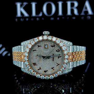 Arabic Dial Diamond Bezel Two Tone Fully Iced Out Moissanite Watch Front Side View
