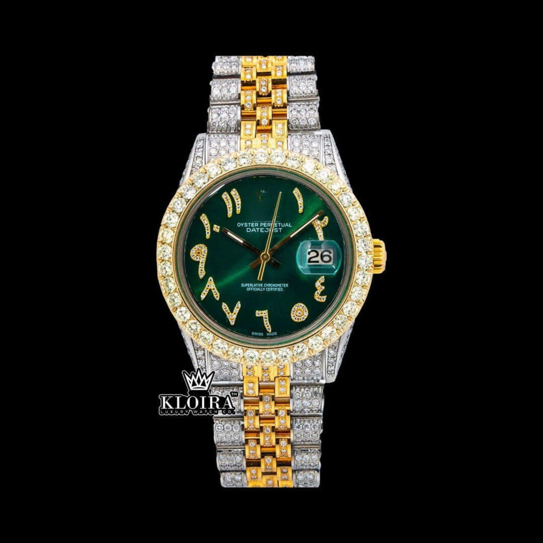 Arabic Numerals Green Dial Two Tone Iced Out Moissanite Watch Front View