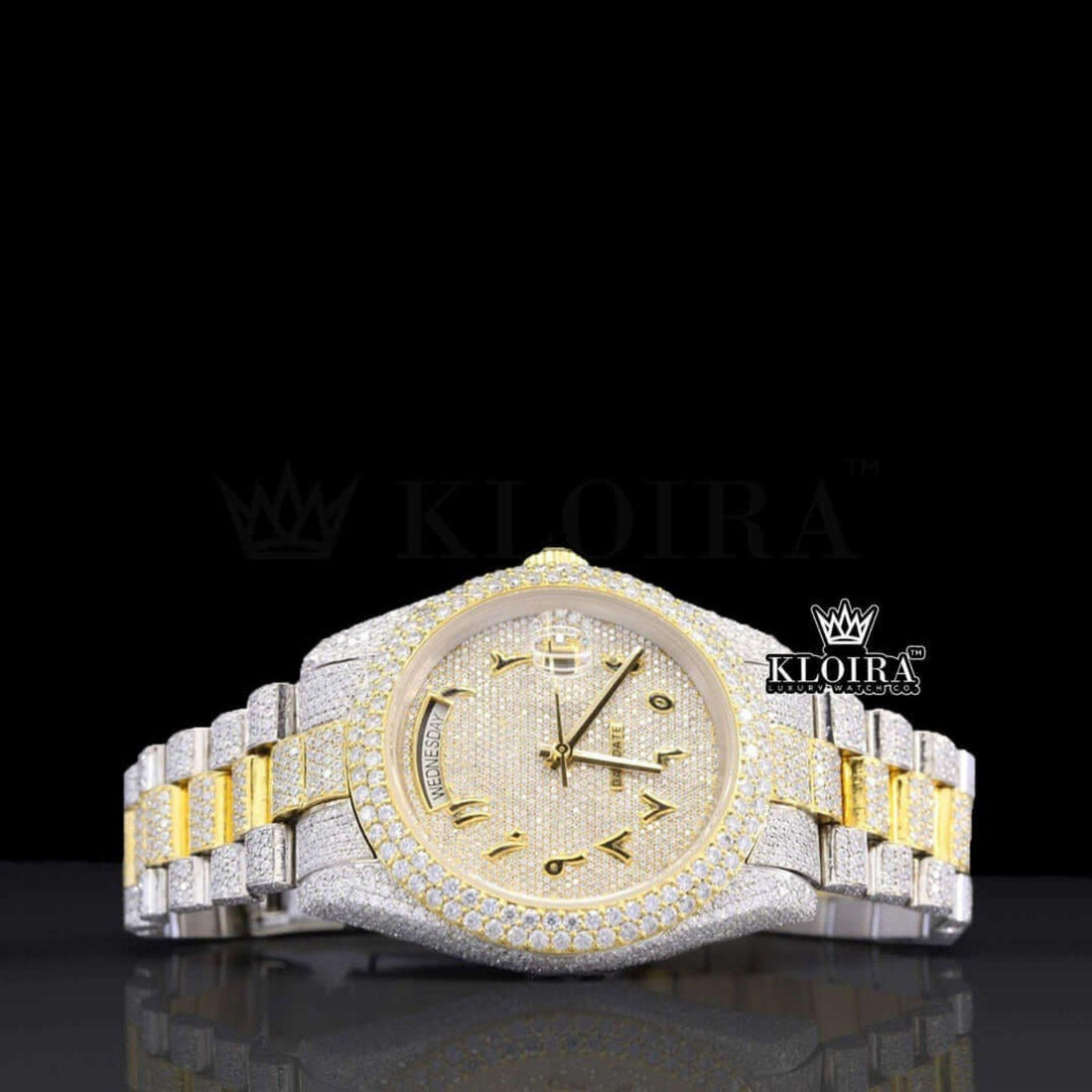 Arabic Numerals Yellow Dial Day Date Display Two Tone Natural Diamond Watch Front View