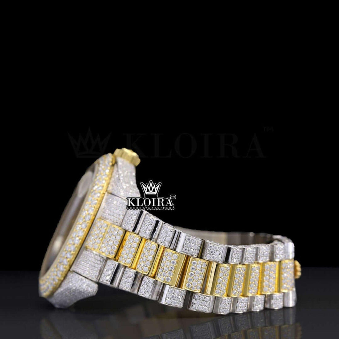 Arabic Numerals Yellow Dial Day Date Display Two Tone Natural Diamond Watch Front View