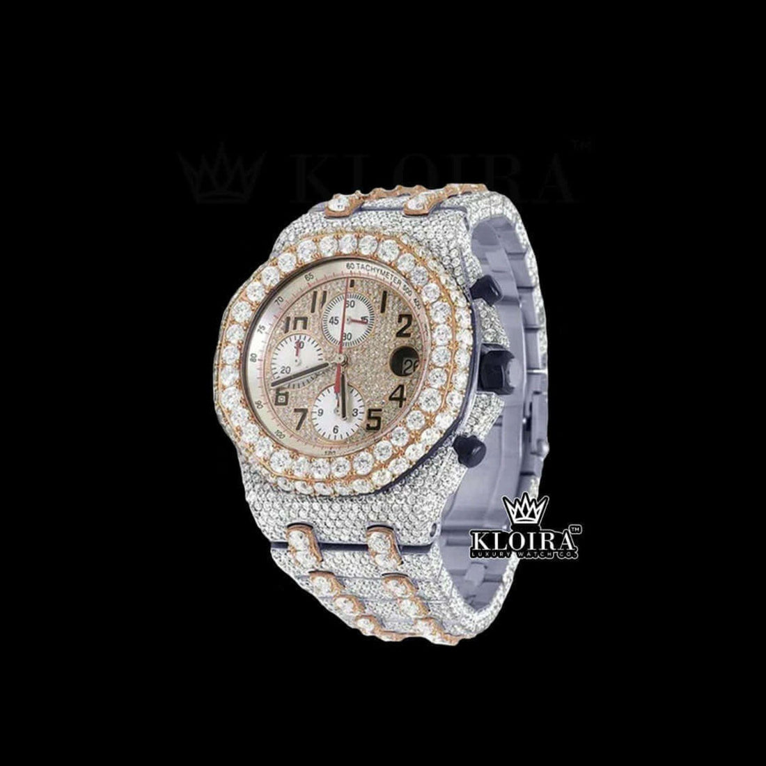 Beige Dial Bust Down AP Chronograph Moissanite Diamond Watch Front View