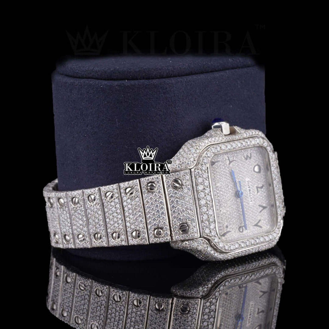 Black Arabic Numerals Bust Down White Dial Moissanite Diamond Watch Front View