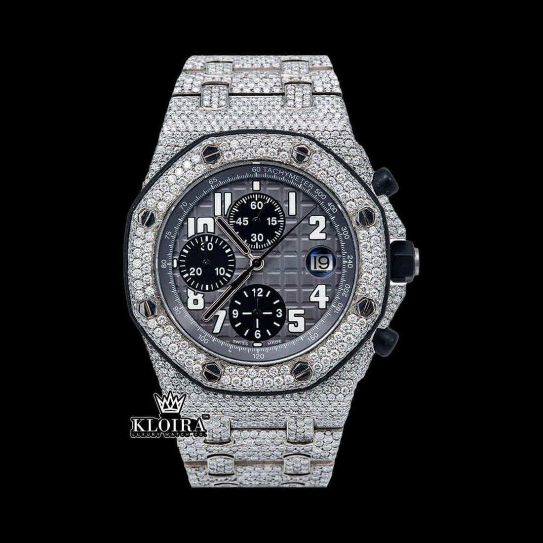 Black Dia Standard Numerals Chronograph Iced Out Moissanite Watch Front View