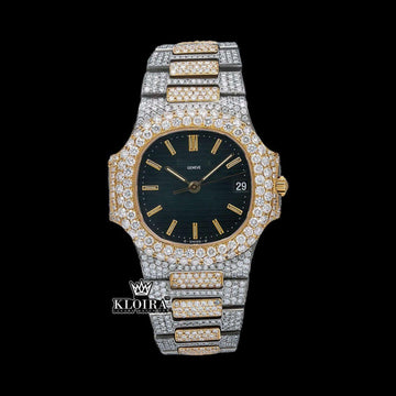 Black Dial Yellow Stick Markers Iced Out Two Tone Moissanite Diamond Watch Front View