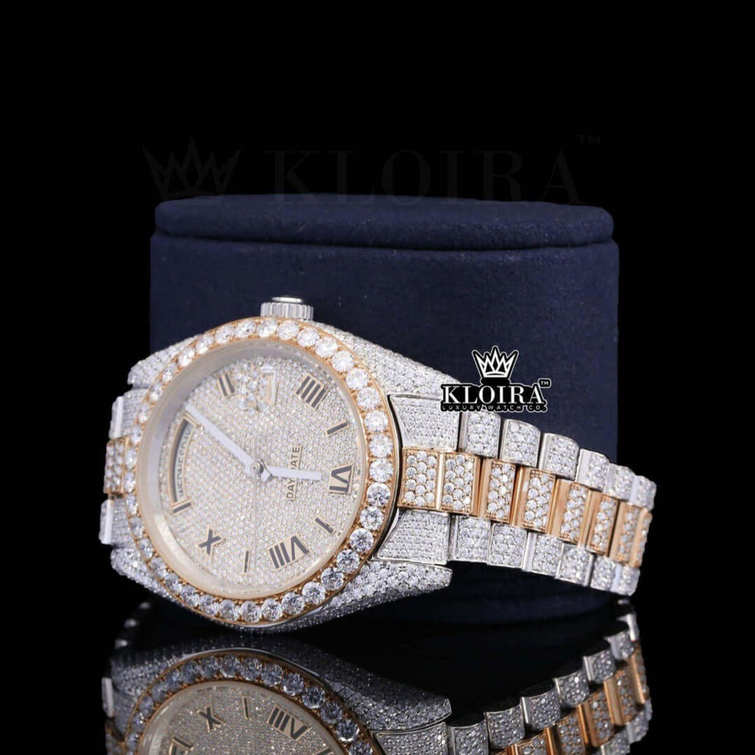 Black Roman Numerals Dial Day Date Display Two Tone Moissanite Watch Front View