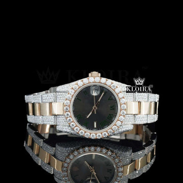 Black Roman Numerals Dial Two Tone Fully Iced Out Moissanite Watch Front View