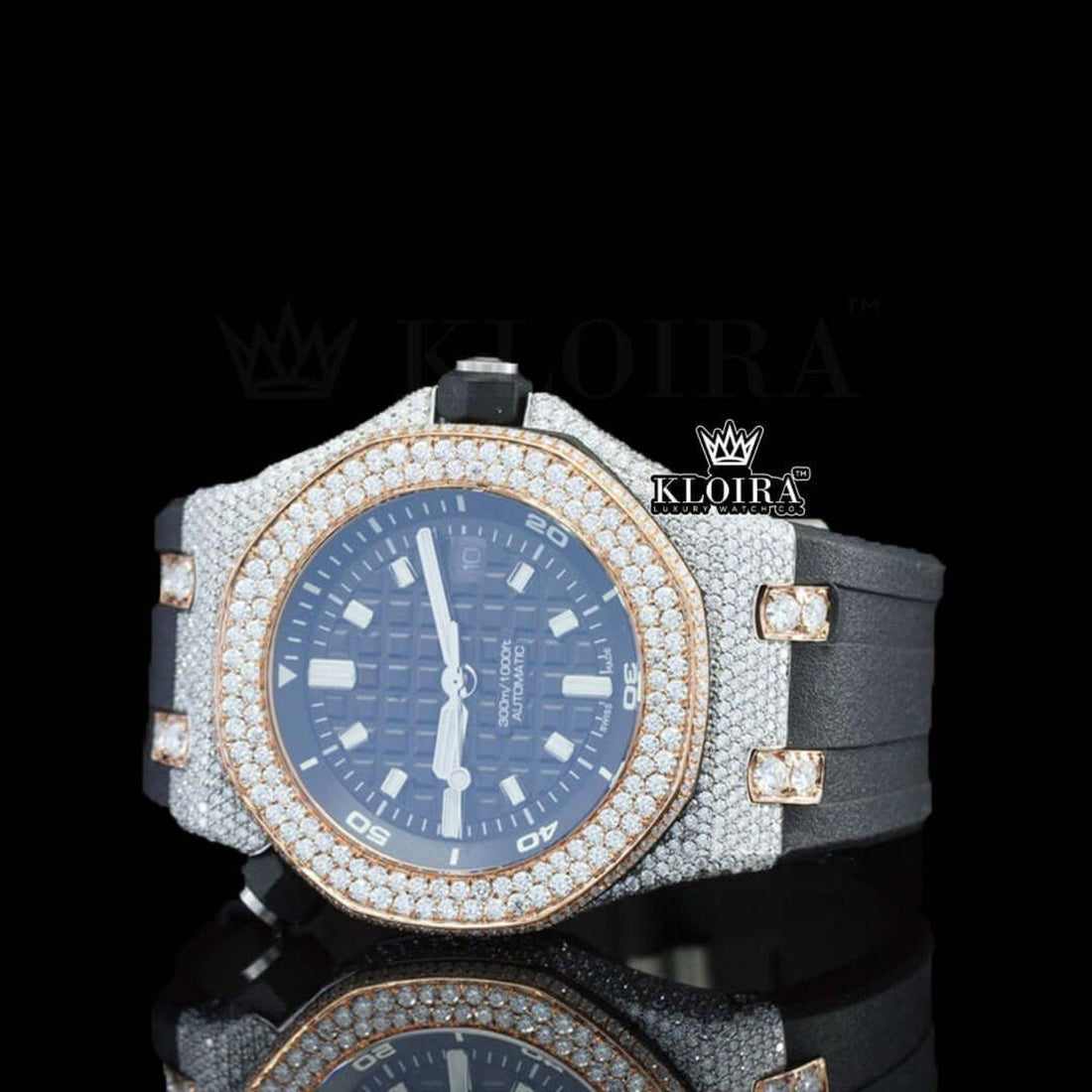  Black Rubber Strap AP Black Dial Semi Iced Out Moissanite Diamond Watch Front View