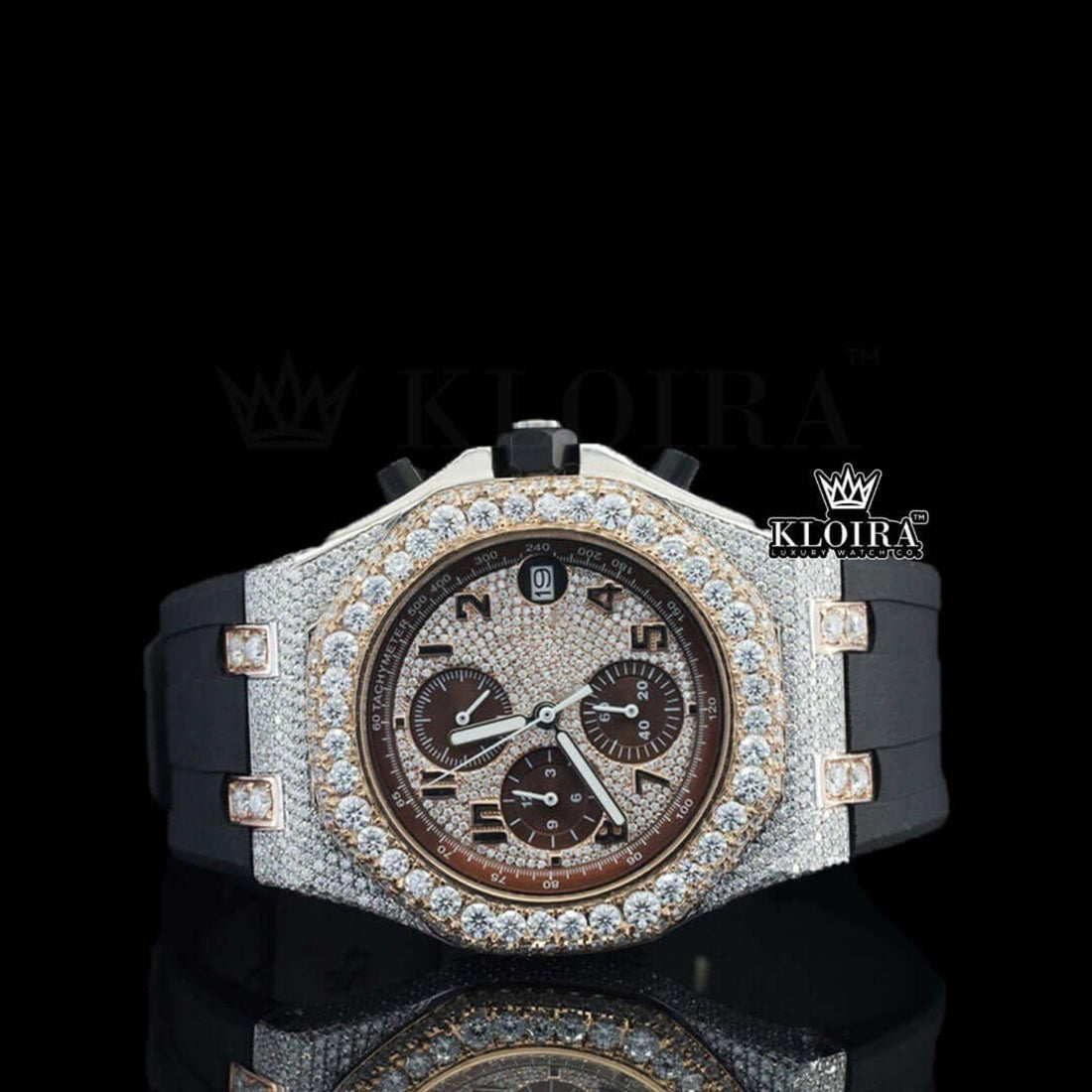 Black Rubber Strap Chronograph Semi Iced Out Moissanite Diamond Watch Front View