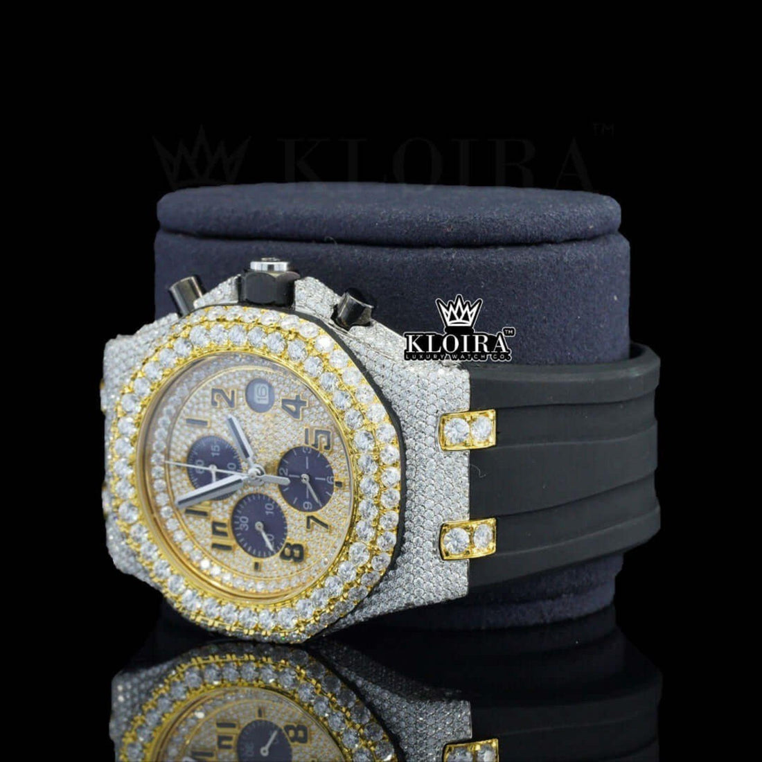 Black Rubber Strap Yellow Dial Chronograph Standard Numerals Moissanite Watch Front View