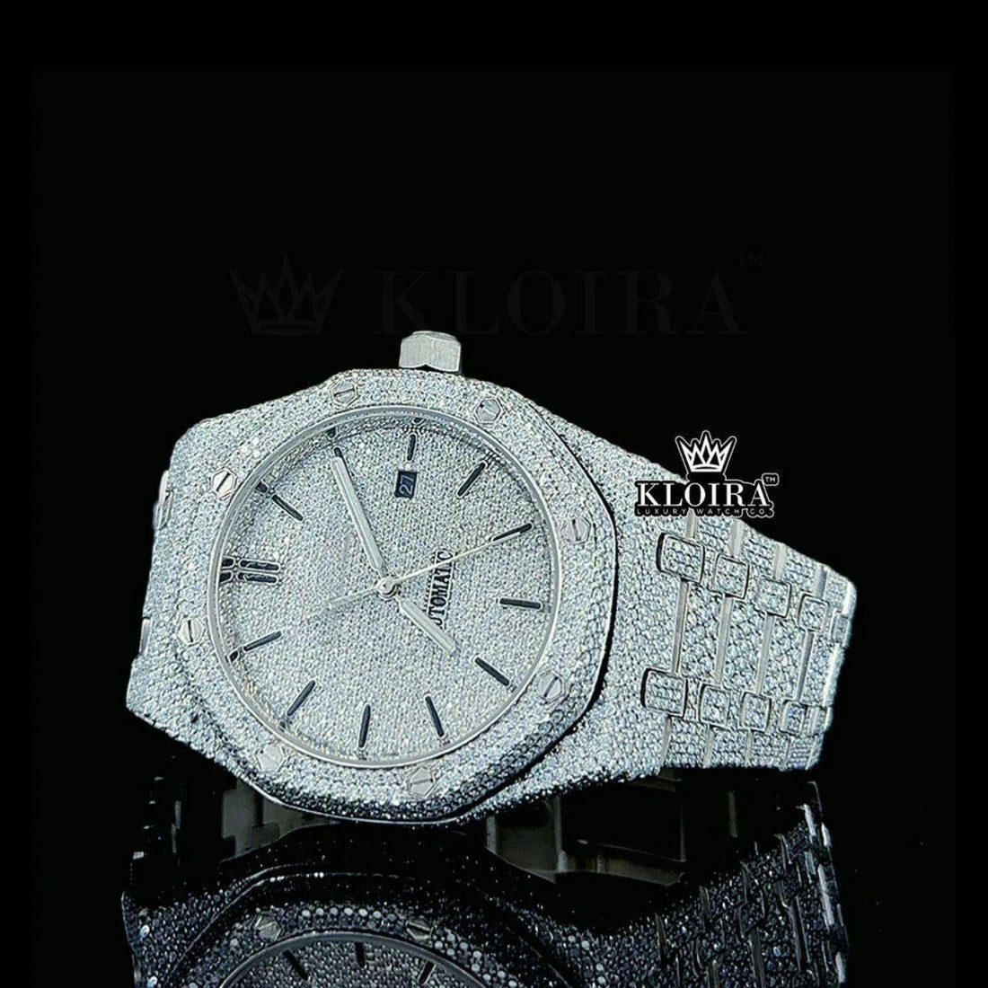 Black Stick Dial White Gold Fully Iced Out Moissanite Watch Front View