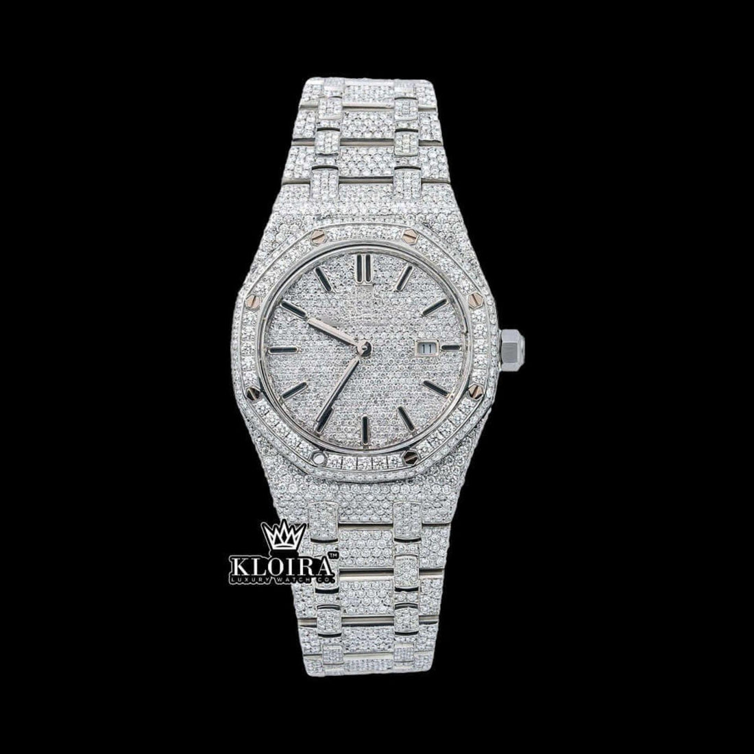 Black Stick Markers Dial Block Link Strap Fully Iced Out Moissanite Watch Front View