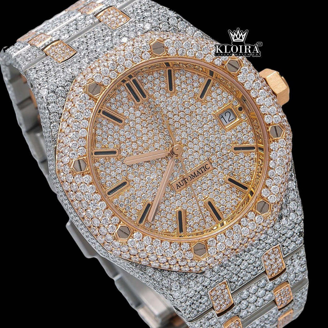 Black Stick Markers Dial Two Tone Rose Gold Block Link Strap Moissanite Watch Front View