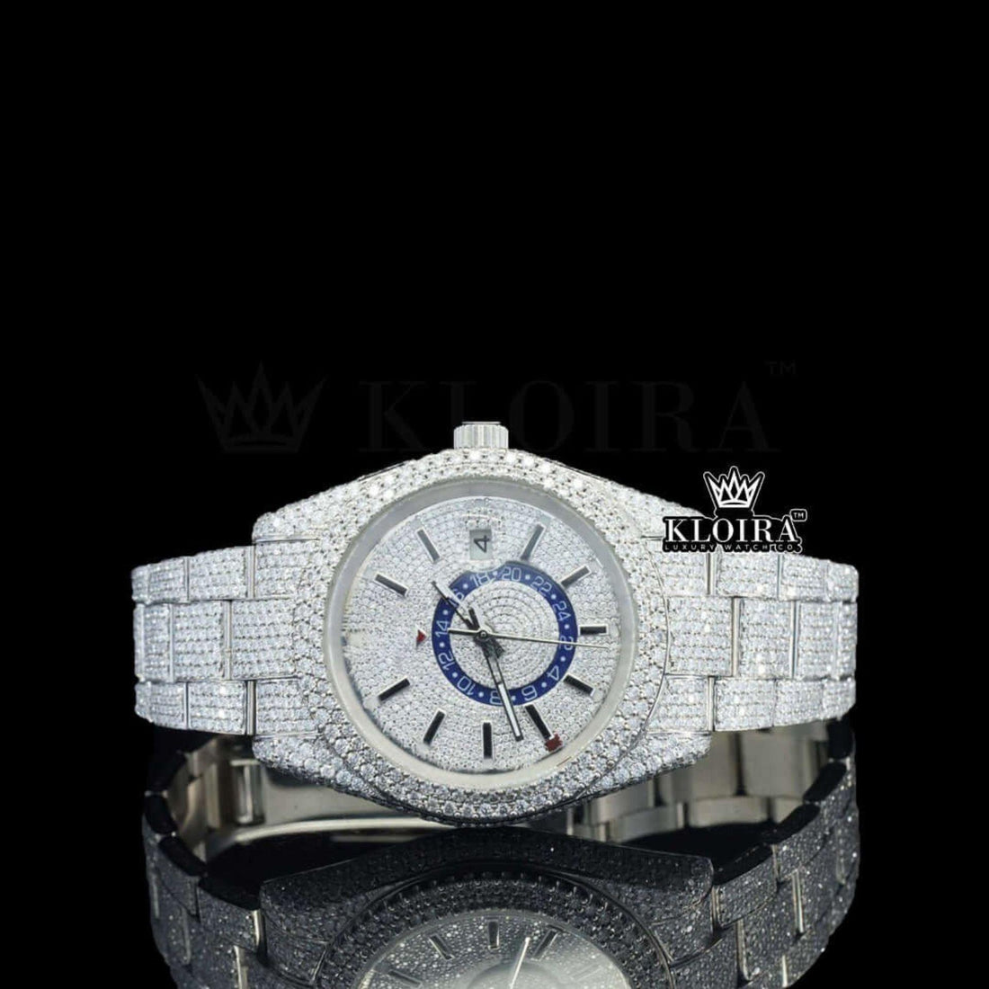 Black Stick Markers Dual Time Dial Fully Iced Out Moissanite Watch Front View