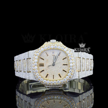 Black Stick Markers Yellow Dial Fully Iced Lab-Grown Diamond Watch Front View