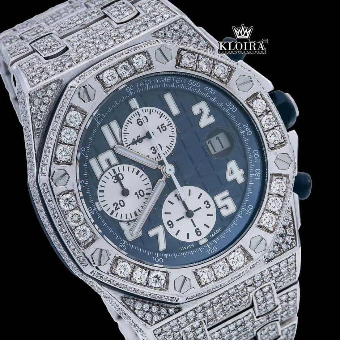 Blue Chronograph Dial Standard Numerals Fully Iced Out Moissanite Watch Front View