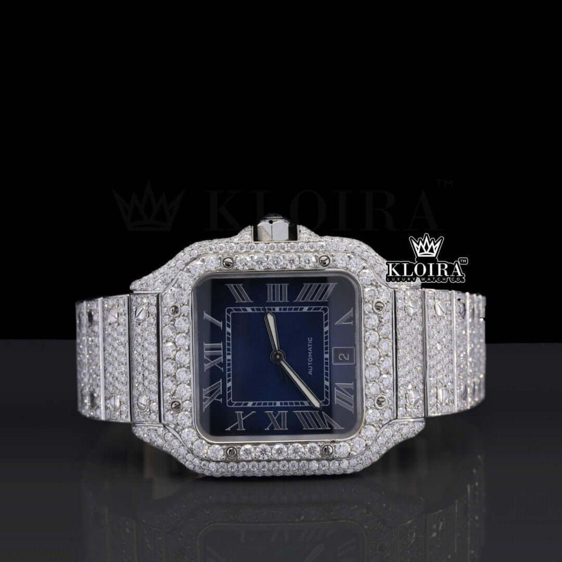 Blue Dial Roman Numerals Fully Iced Out Natural Diamond Watch Front View