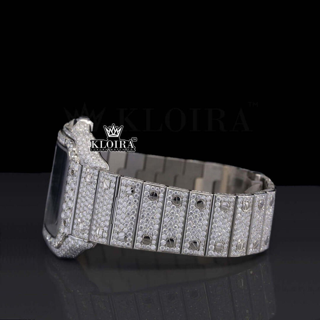Blue Dial Roman Numerals Fully Iced Out Natural Diamond Watch Front View