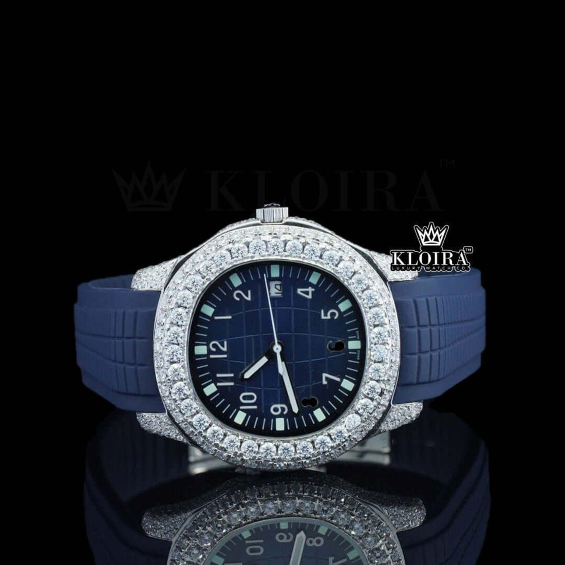 Blue Dial Rubber Strap Semi Iced Out Natural Diamond Watch Front View