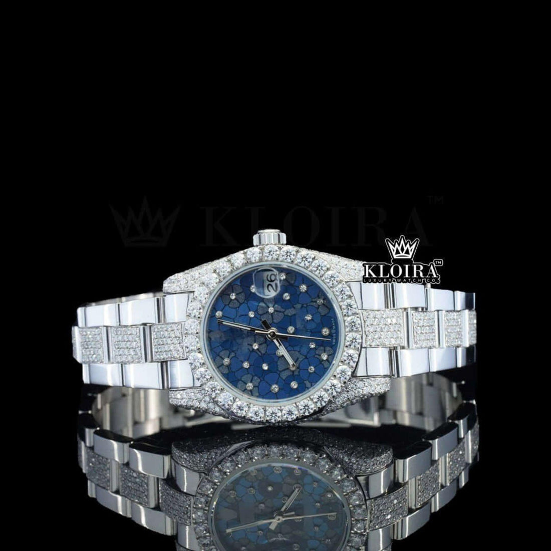 Blue Floral Dial Diamond Markers Fully Iced Out Moissanite Watch Front View