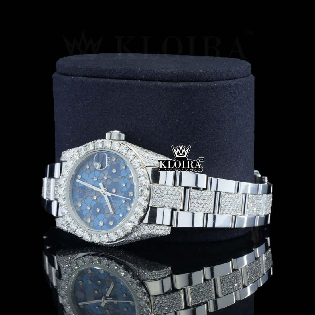 Blue Floral Dial Diamond Markers Fully Iced Out Moissanite Watch Front View