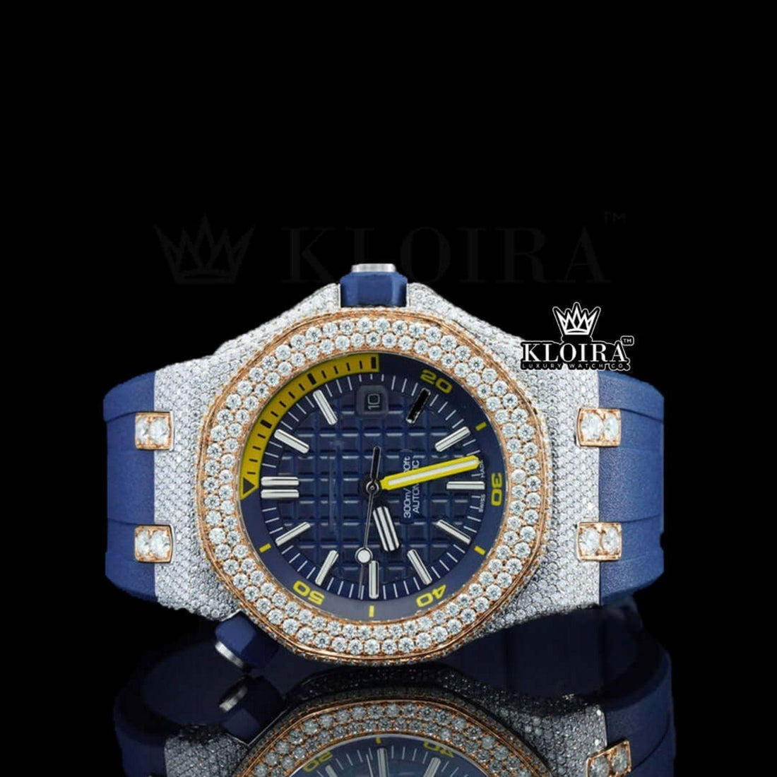 Blue Rubber Strap Blue Dial Semi Iced Out Moissanite Diamond Watch Front View