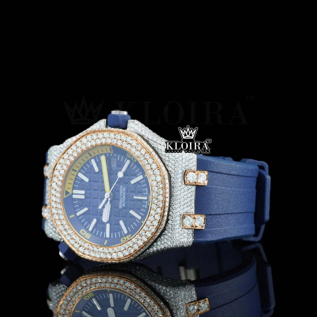 Blue Rubber Strap Blue Dial Semi Iced Out Moissanite Diamond Watch Front View