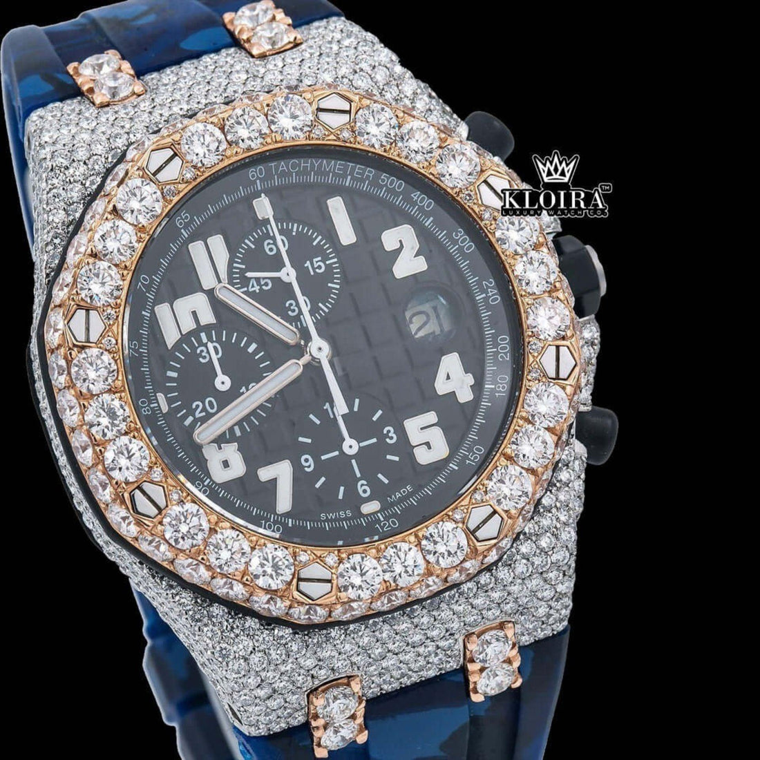 Blue Rubber Strap Two Tone Chronograph Moissanite Watch Front View