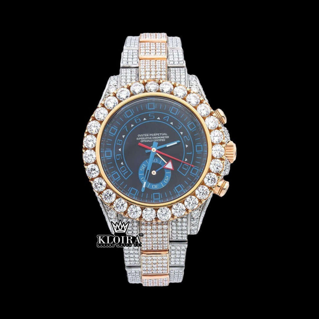 Blue Standard Numerals Sub Dial Two Tone Iced Out Moissanite Watch Front View