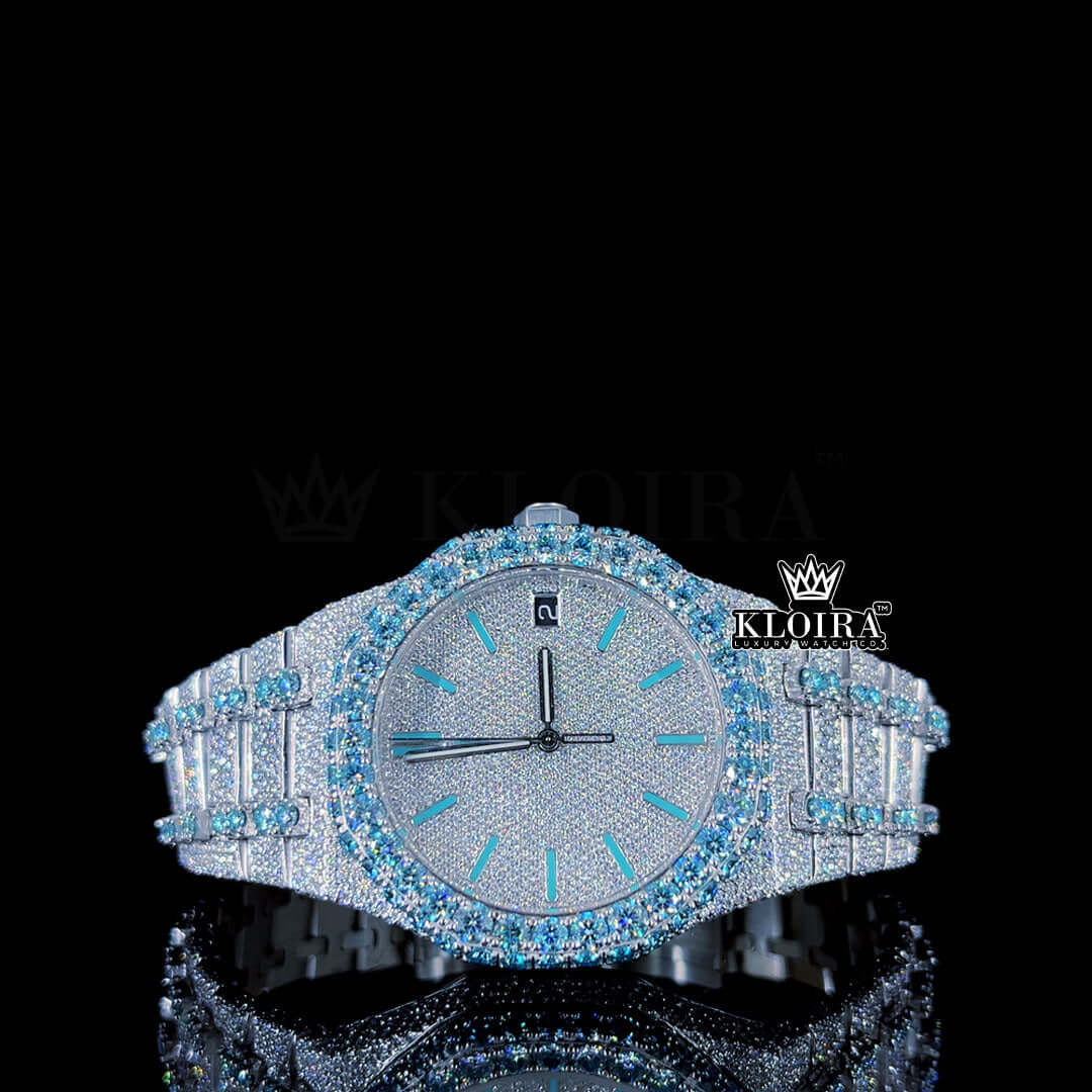 Blue Stick Markers Whitw Dial Two Tone Iced Moissanite Diamond Watch Front View