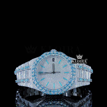 Blue Stick Markers Whitw Dial Two Tone Iced Moissanite Diamond Watch Front View