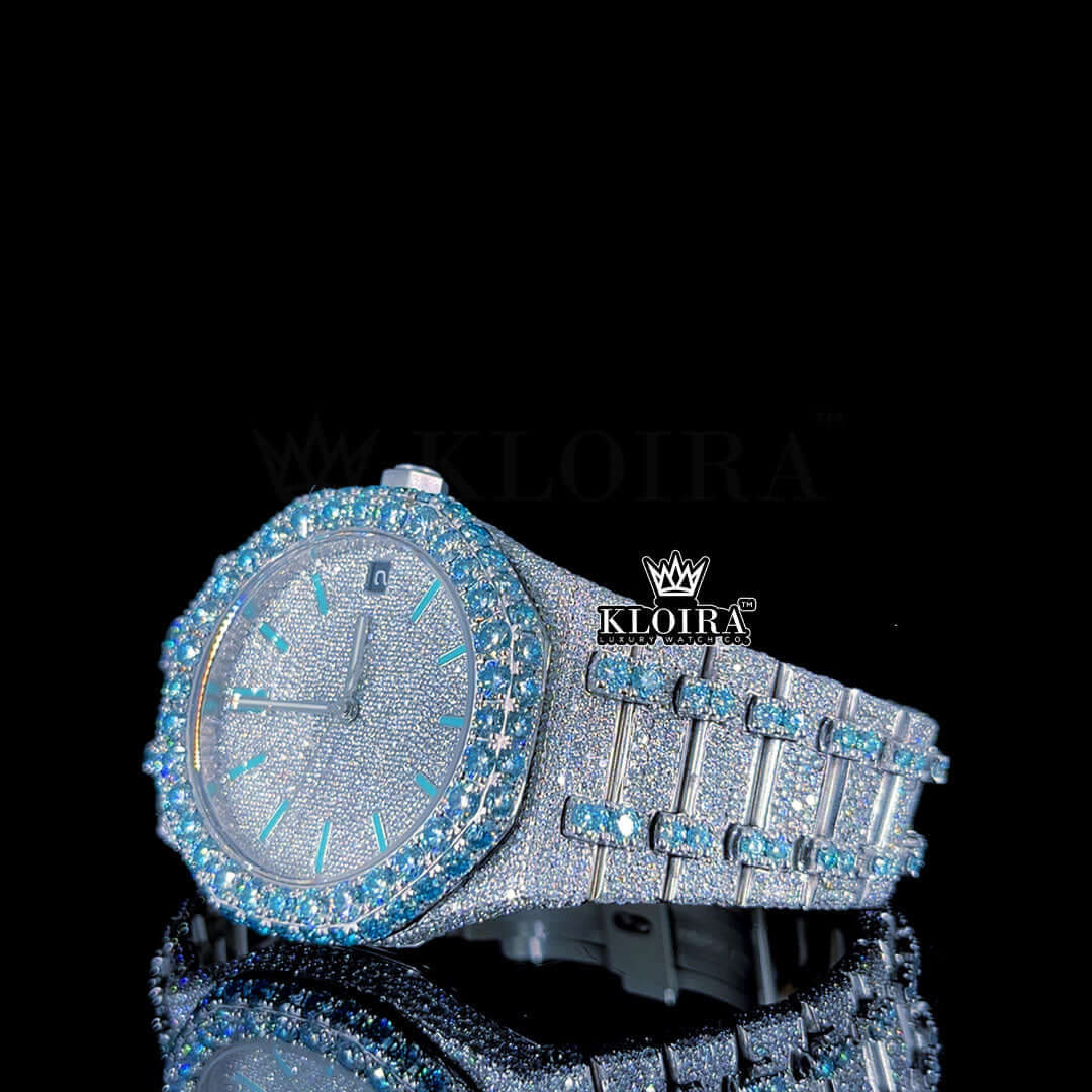 Blue Stick Markers Whitw Dial Two Tone Iced Moissanite Diamond Watch Front View