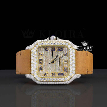 Brown Leather Strap Roman Numerals Moissanite Diamond Watch Front View