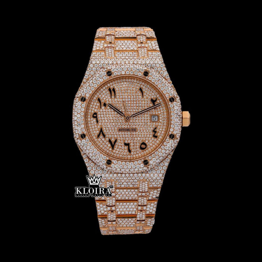Bust Down Arabic Numerals Rose Gold Dial Moissanite Diamond Watch Front View