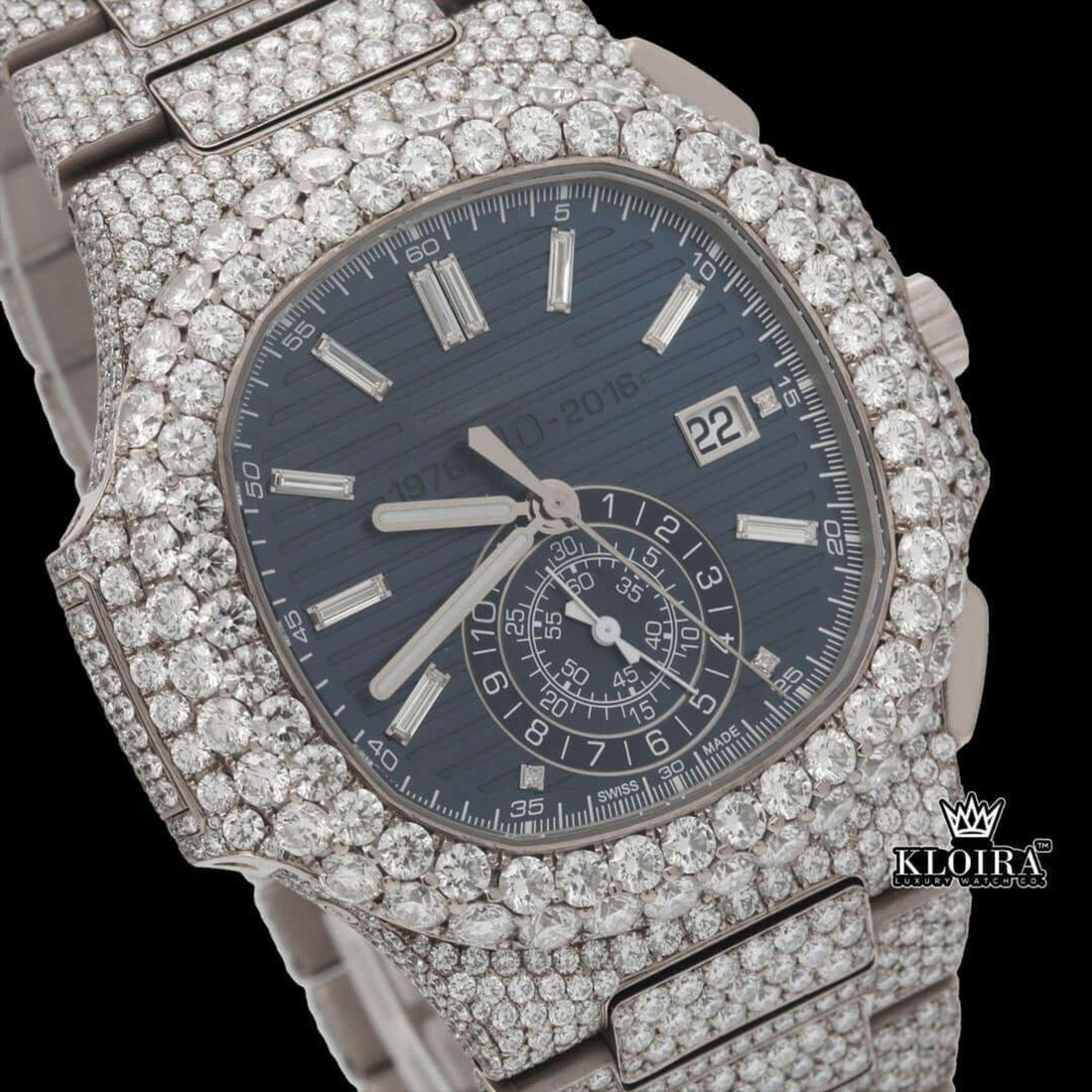 Chronograph Blue Dial Full Iced Out Moissanite Diamond Watch Front View