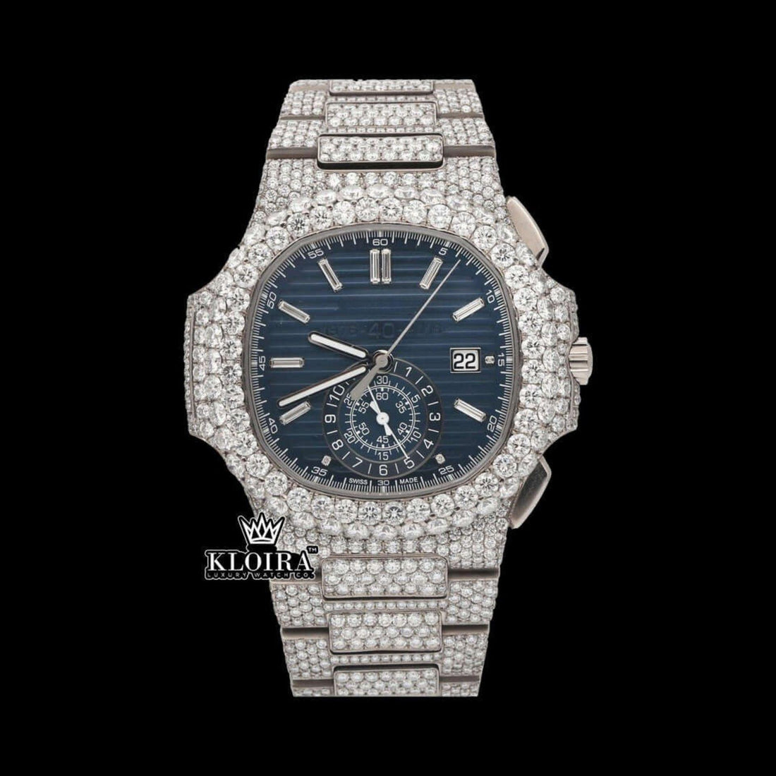 Chronograph Blue Dial Full Iced Out Moissanite Diamond Watch Front View