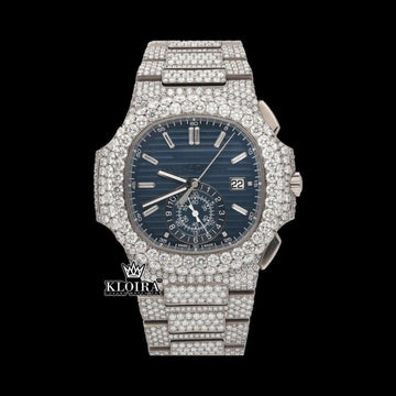 Chronograph Blue Dial Full Iced Out Moissanite Diamond Watch Front View