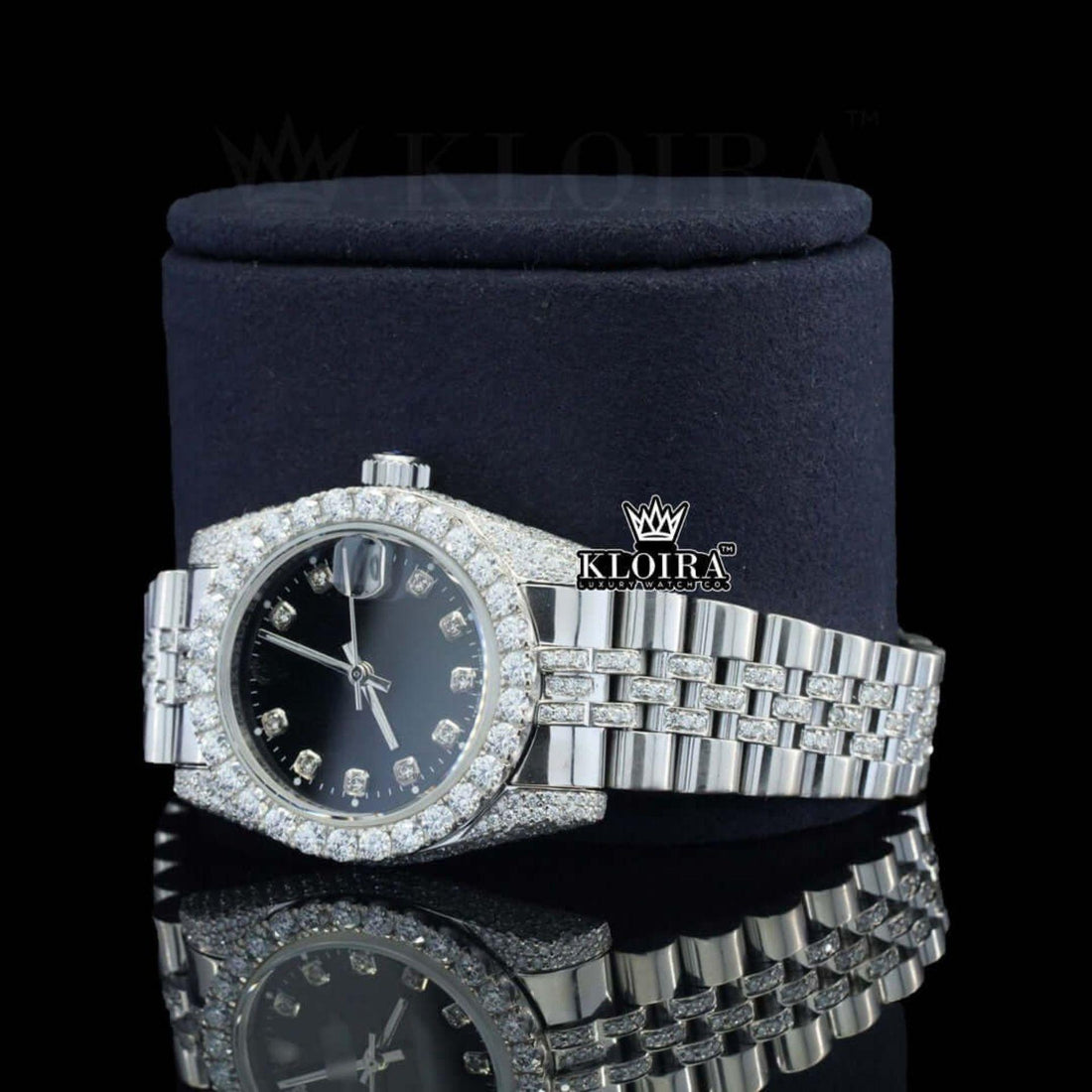 Diamond Markers Black Dial Full Iced Out Moissanite Watch Front View