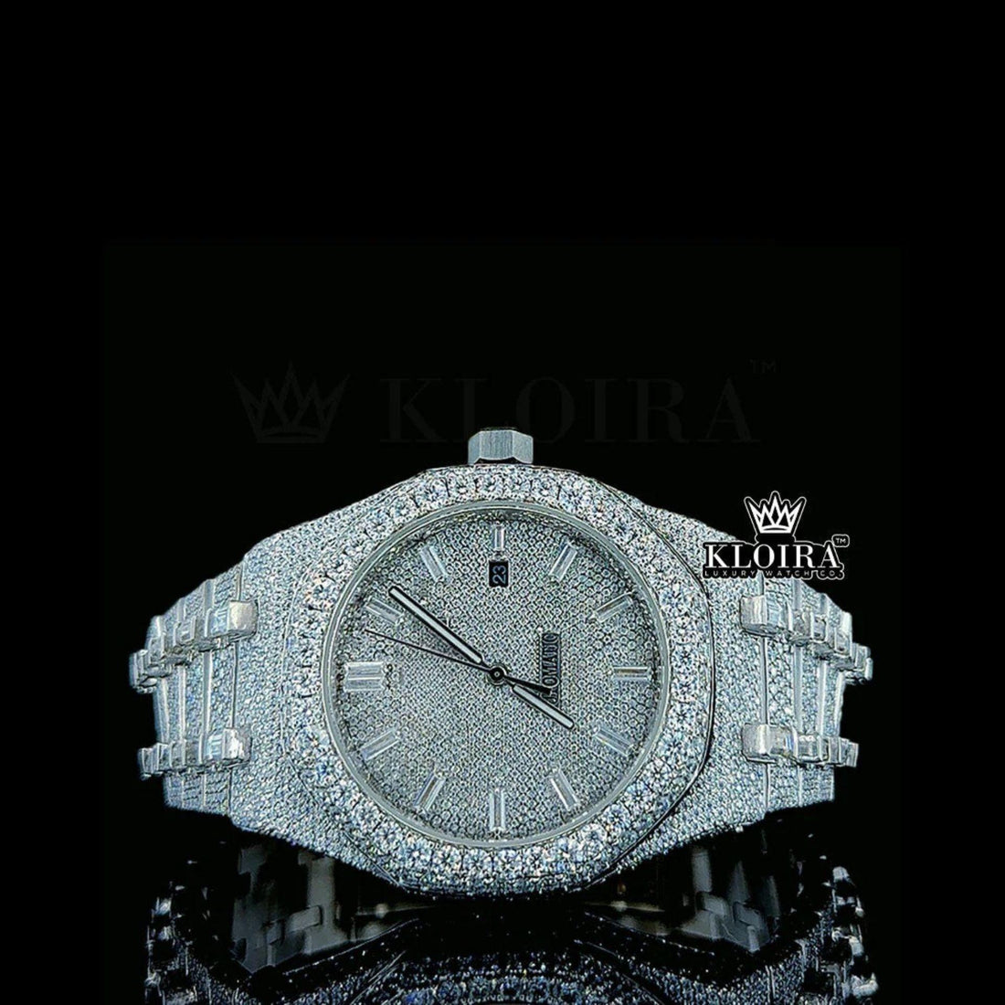 Diamond Markers White Dial Fully Iced Out AP Moissanite Watch Front View