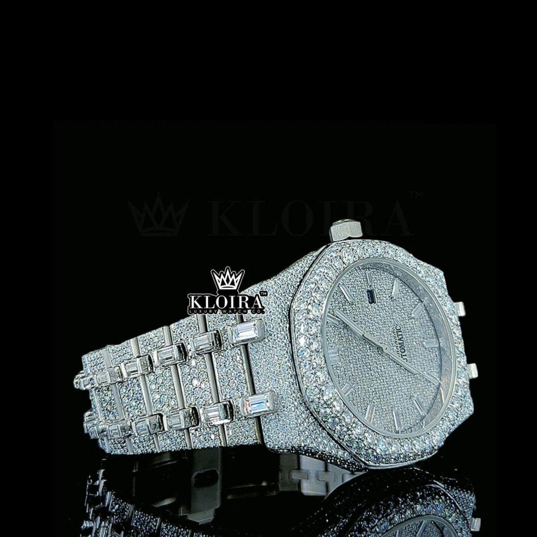 Diamond Markers White Dial Fully Iced Out AP Moissanite Watch Front View
