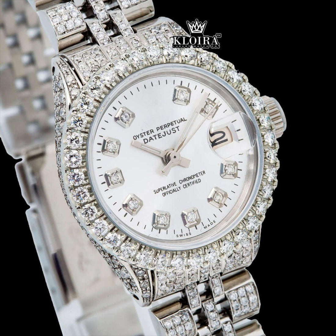 Diamond Markers White Dial Fully Iced Out Moissanite Diamond Watch Front View