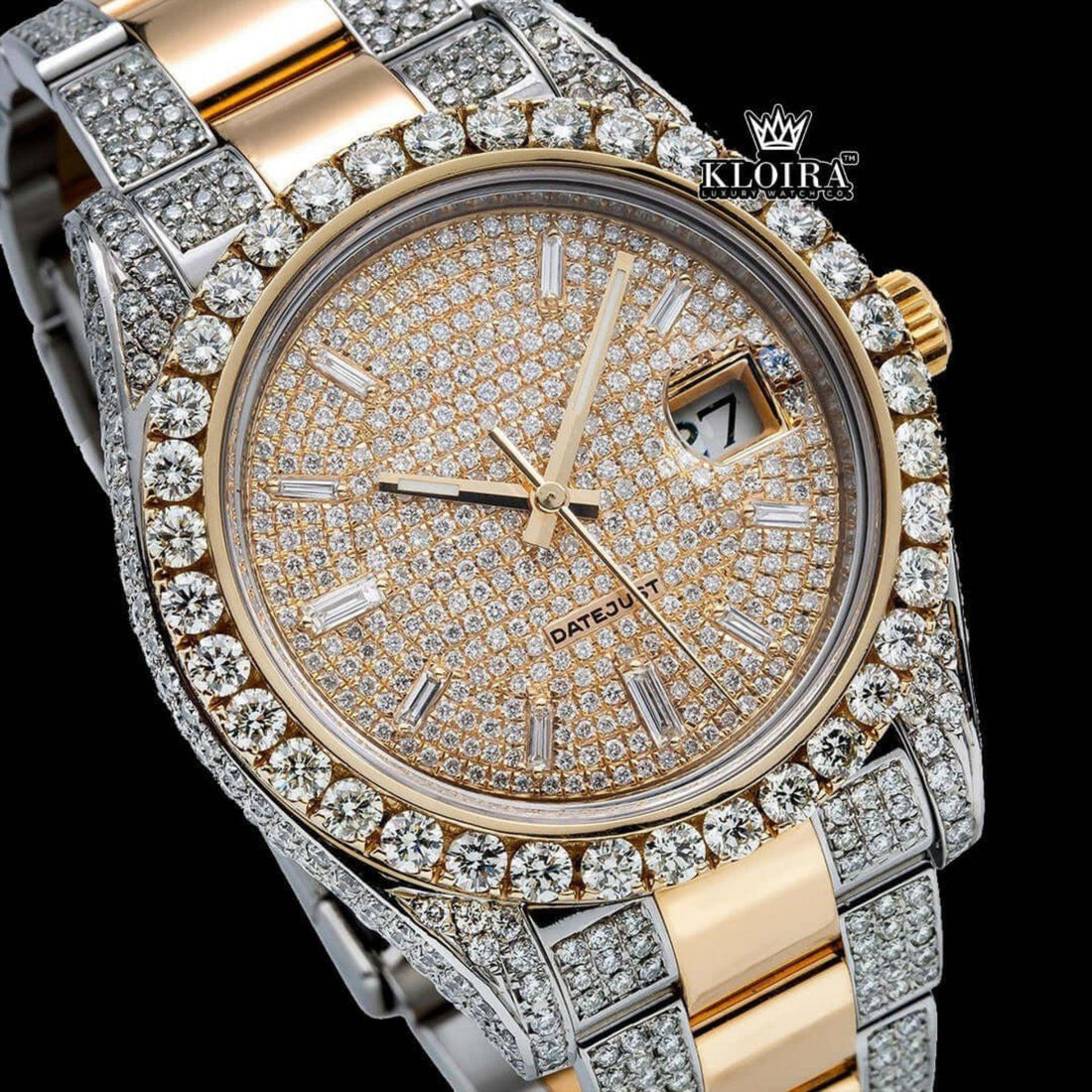 Diamond Markers Yellow Dial Two Tone Moissanite Diamond Watch Front View