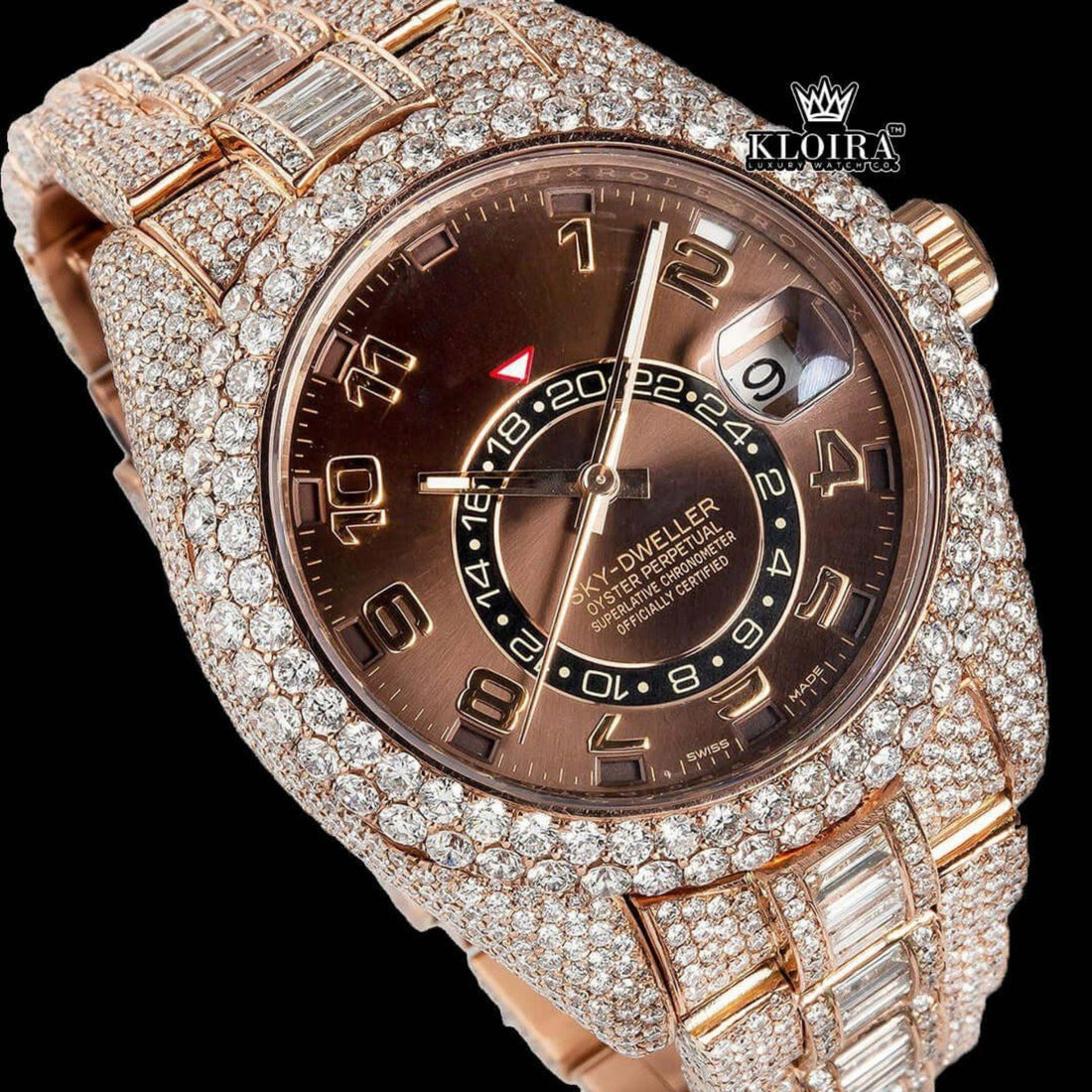 Dual Time Brown Dial Standard Numerals Iced Out Rose Gold Moissanite Watch Front View
