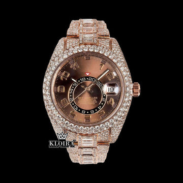 Dual Time Brown Dial Standard Numerals Iced Out Rose Gold Moissanite Watch Front View