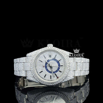 Dual Time Chronograph Dial Stick Markers Fully Iced Out Moissanite Watch Front View