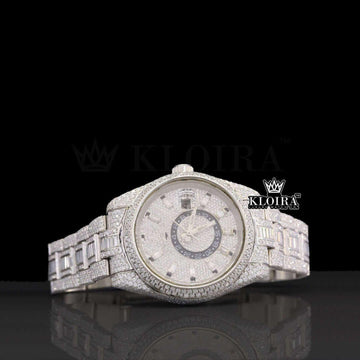 Dual Time White Dial Stick Markers Fully Iced Out Moissanite Watch Front View