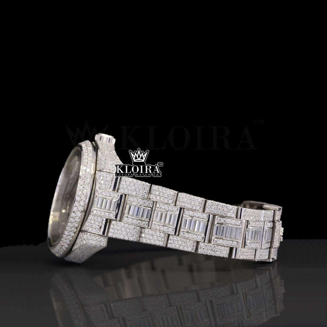 Dual Time White Dial Stick Markers Fully Iced Out Moissanite Watch Front View
