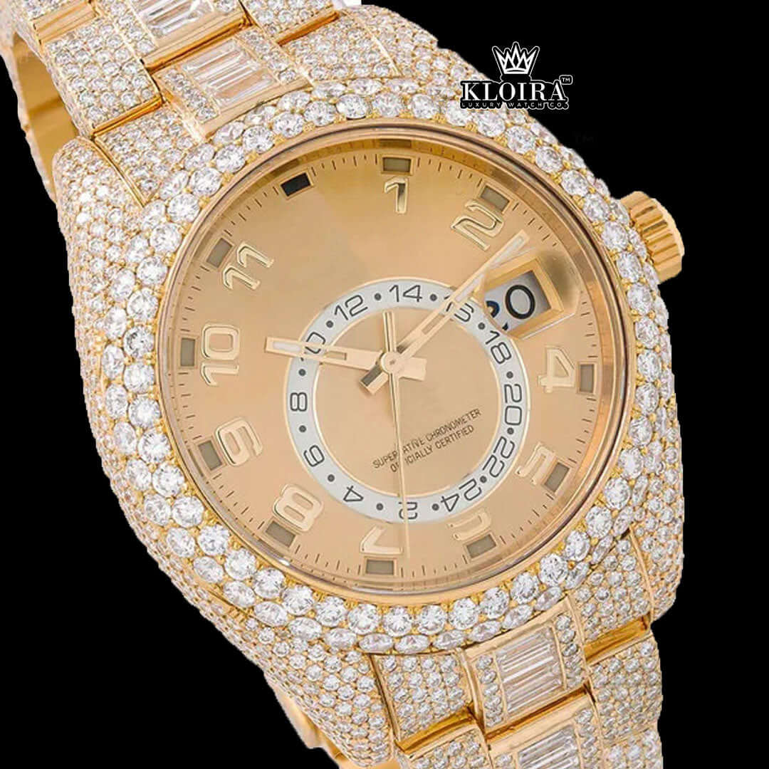 Dual Time Yellow Dial Standard Numerals Yellow Gold Iced Out Moissanite Watch Front View