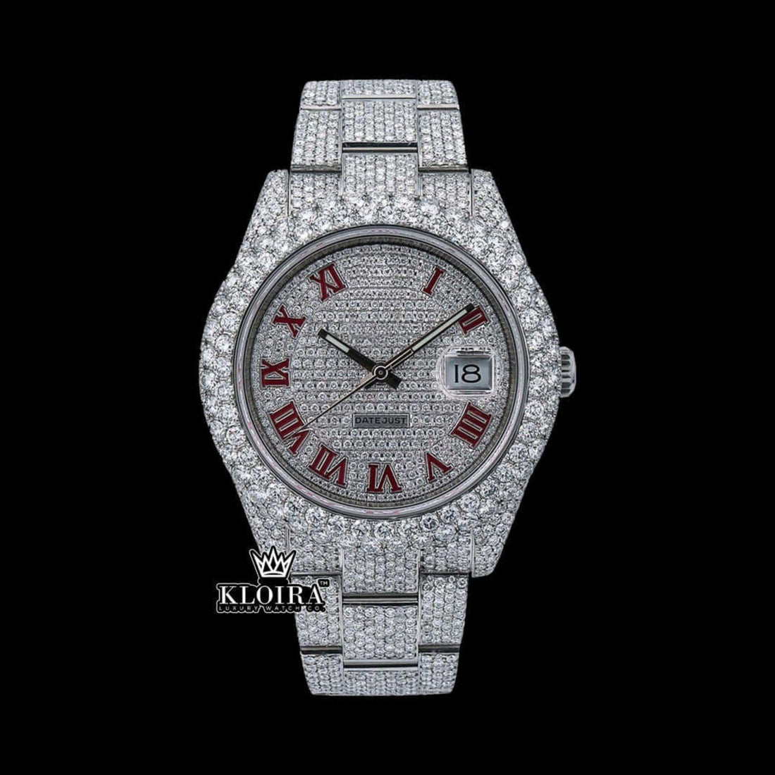 Full Bust Down Red Roman Numerals Moissanite Diamond  Watch Front View
